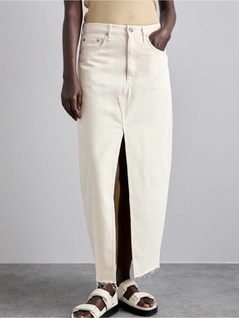 Rag & Bone Women's Cream High-Waist Denim Maxi Skirt with Front Slit